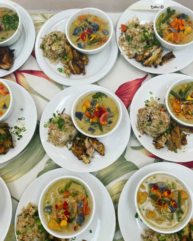 Thai Night on Retreat! 🇹🇭✨An unforgettable feast featuring:🔥 Grilled organic lemongrass chicken, marinated to perfection.🥥 Cashew pineapple fried rice with the perfect sweet and savory balance.🌈 Local veggie rainbow curry, brimming with vibrant island produce.Bringing the bold, fresh flavors of Thailand to your retreat table—always made with love and aloha. We’re incredibly blessed to live in a tropical paradise where so many of the unique aromatics that make Thai food so distinct also thrive here. Want to indulge in a culinary experience like this? Send us a message!#MauiRetreats #retreatcateringmaui #yogachefs  #FarmToTableHawaii #LemongrassChicken #PineappleFriedRice #RainbowCurry #RetreatCatering #CulinaryWellness